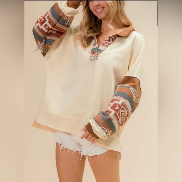 1046. Cream and Brown Patterned Women's Top - Picture 1 of 1